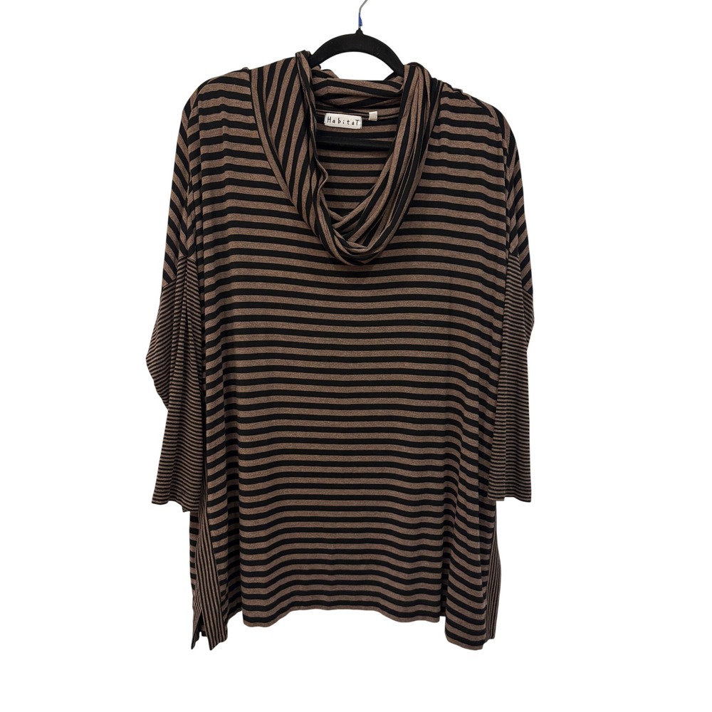 Habitat Striped Cowl Neck Top Large Brown Black Lagenlook Tunic Stretch Slit Hem